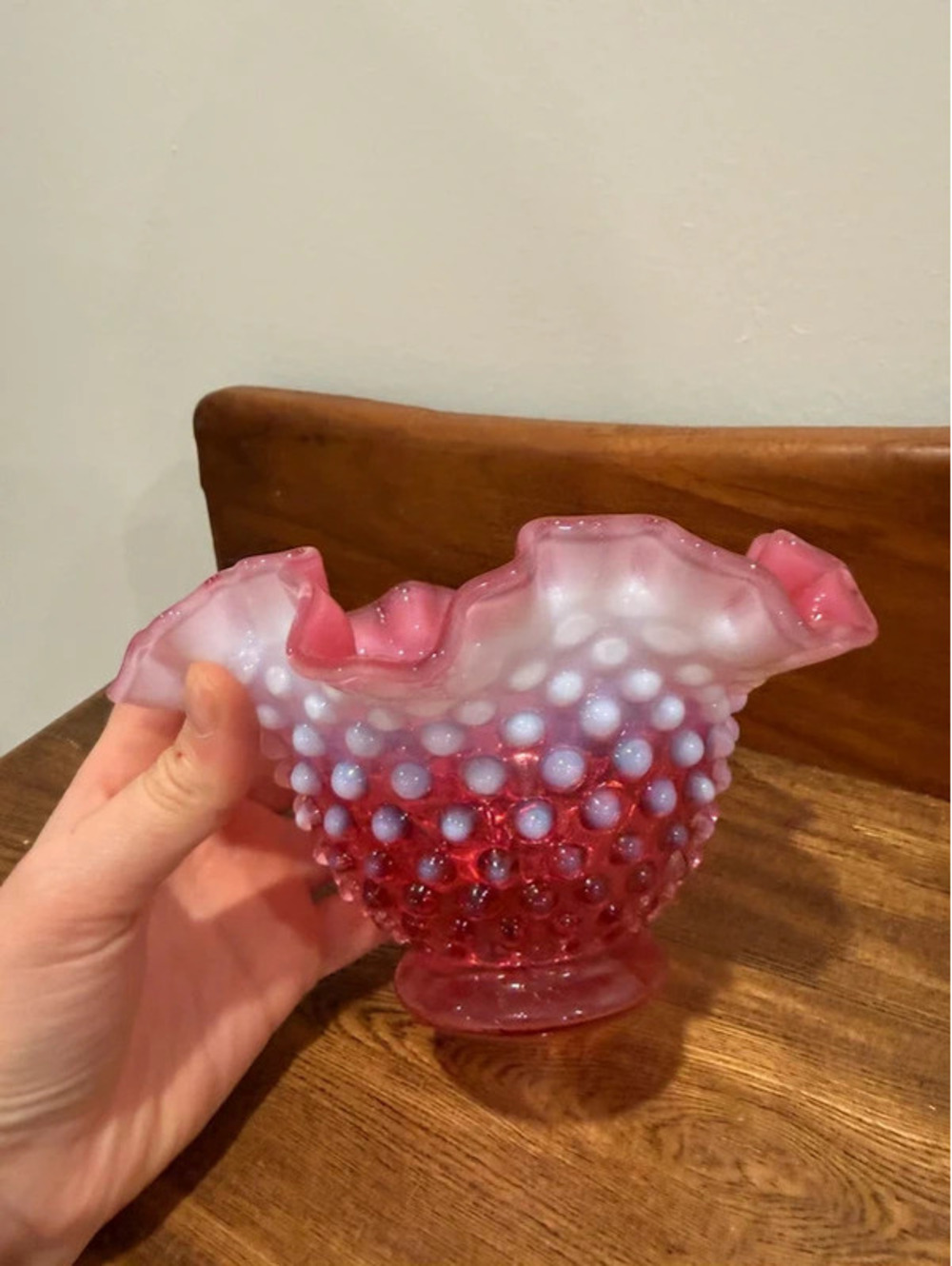 Vintage Cranberry Opalescent Hobnail Glass Ruffled Bowl